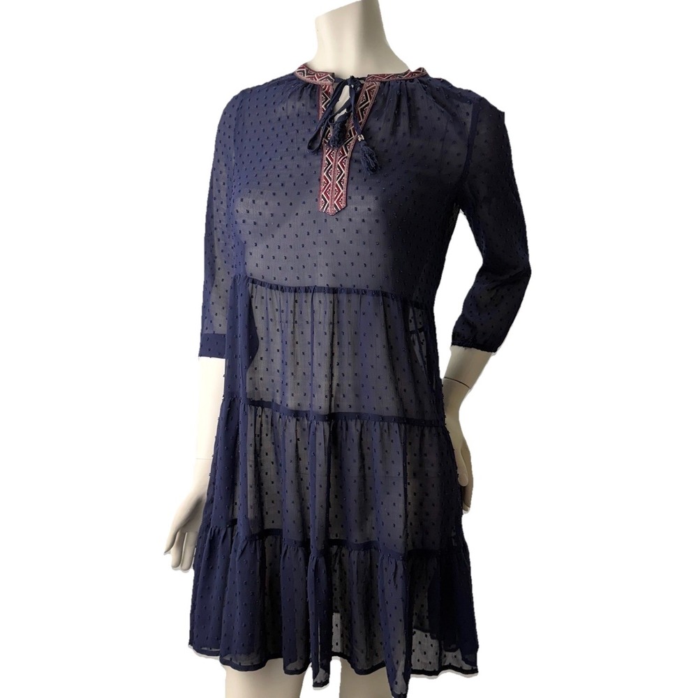 Anthropologie Daniel Rainn Navy Swiss Dot Tiered Dress Boho Embroidered XS